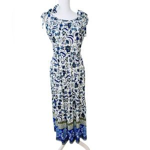 Beach Lunch Lounge Blue-White  Floral Tiered Maxi Dress Size XL